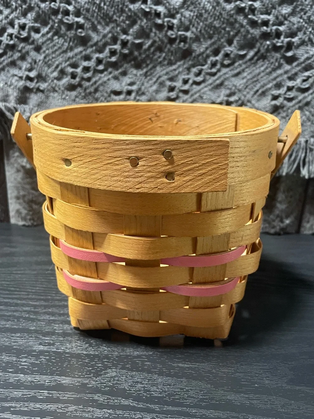 Rare Peterboro Basket Co. 150th Anniversary Wood Hanging Basket Pink Accents